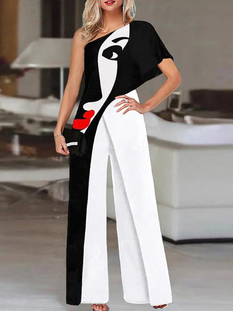 Face Print  Sexy Off Shoulder Jumpsuits
