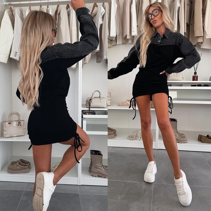 Long-sleeve denim patchwork dress with lacing.
